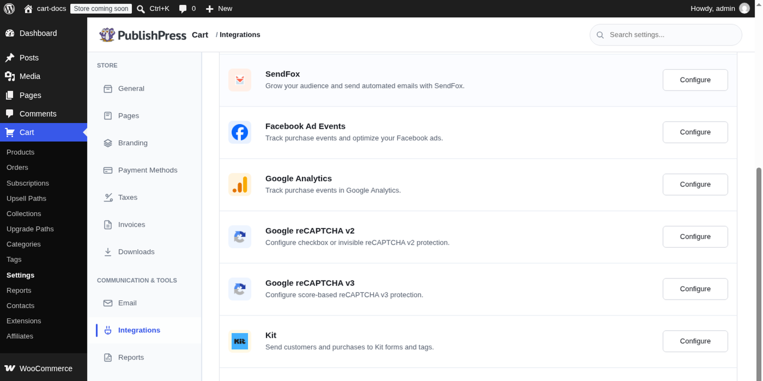 SendFox integration in PublishPress Cart Settings