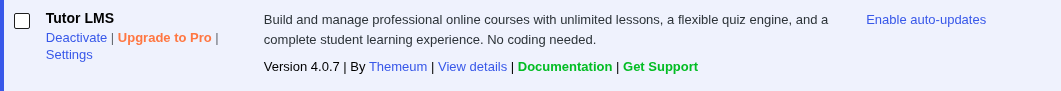 Tutor LMS plugin activated in the WordPress plugins list