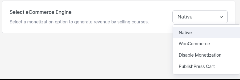Selecting PublishPress Cart as the eCommerce engine in Tutor LMS monetization settings