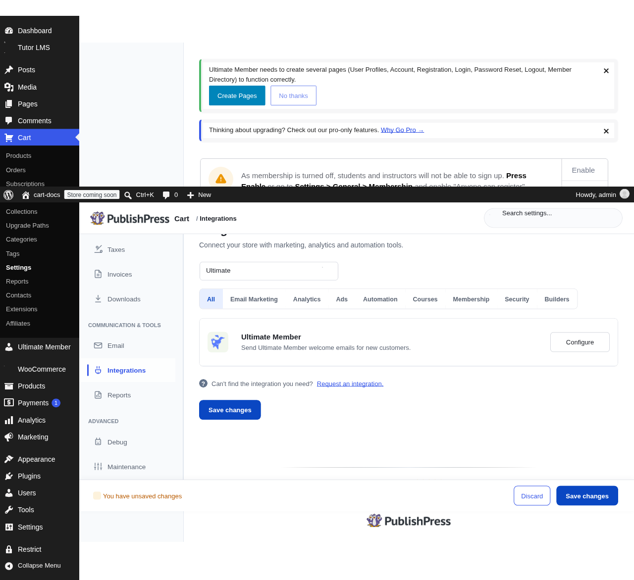 Ultimate Member in the PublishPress Cart Integrations settings