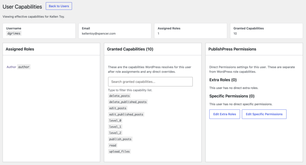 User Capabilites screen