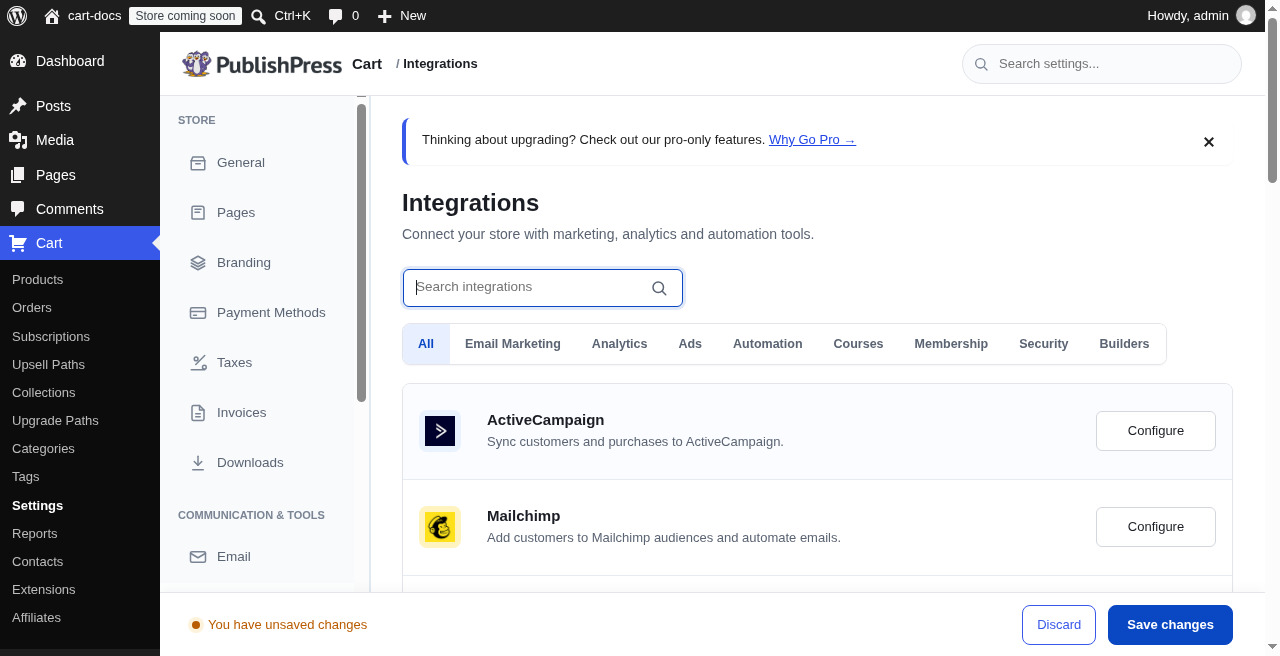 PublishPress Cart Settings Integrations screen