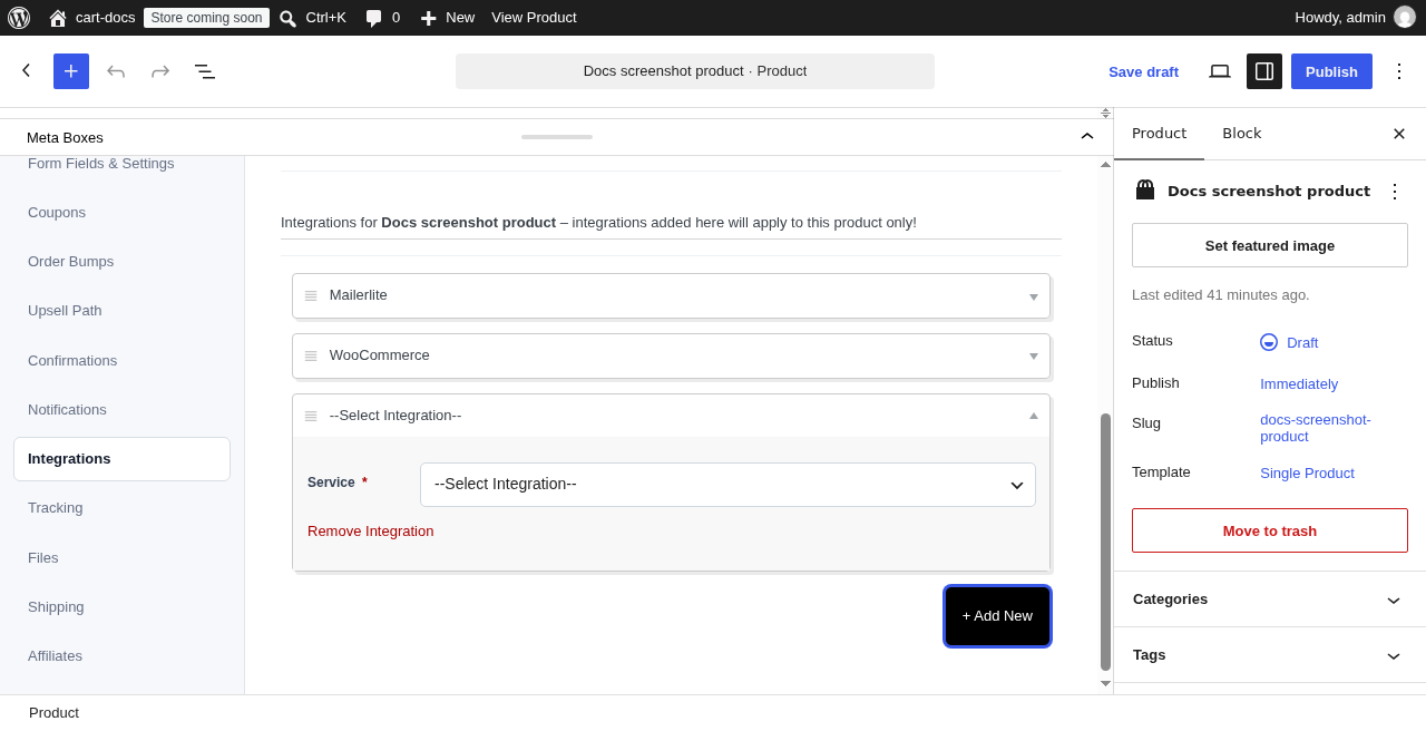 PublishPress Cart product Integrations tab with the Service dropdown open