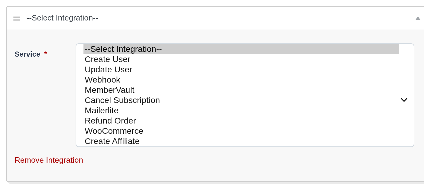 Choosing WooCommerce from the Service drop-down when adding a new integration