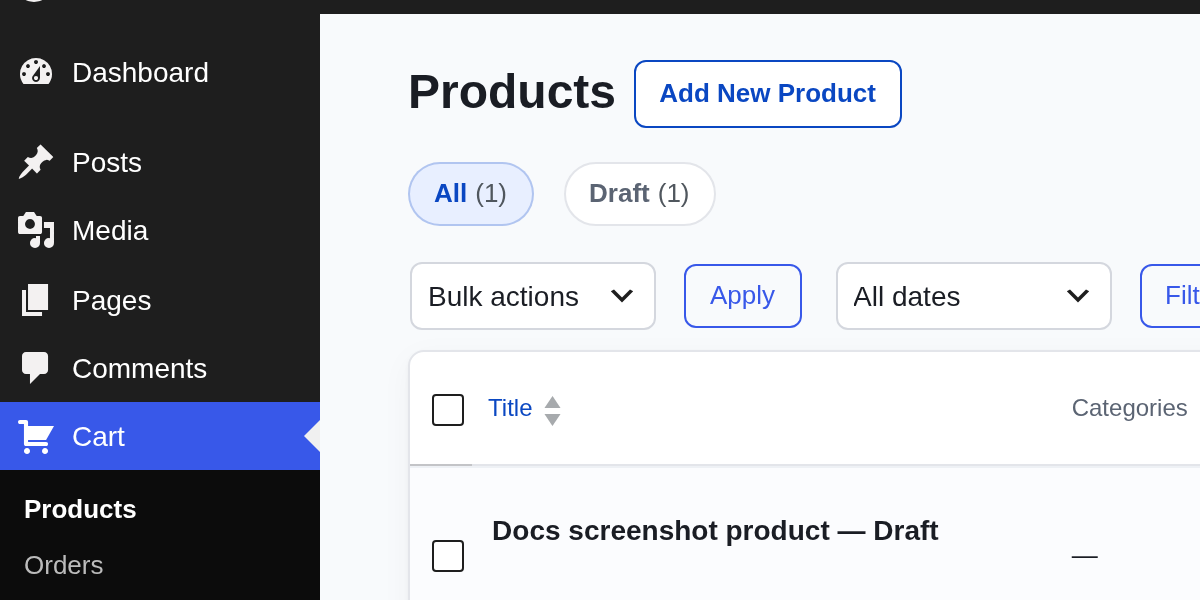 The Cart > Products screen in the WordPress admin