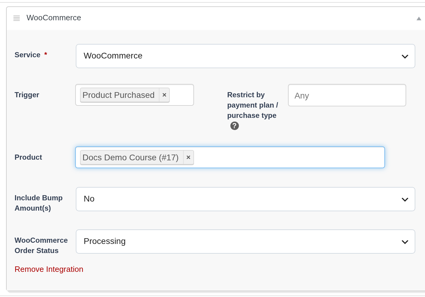 The completed WooCommerce integration settings for a Cart product