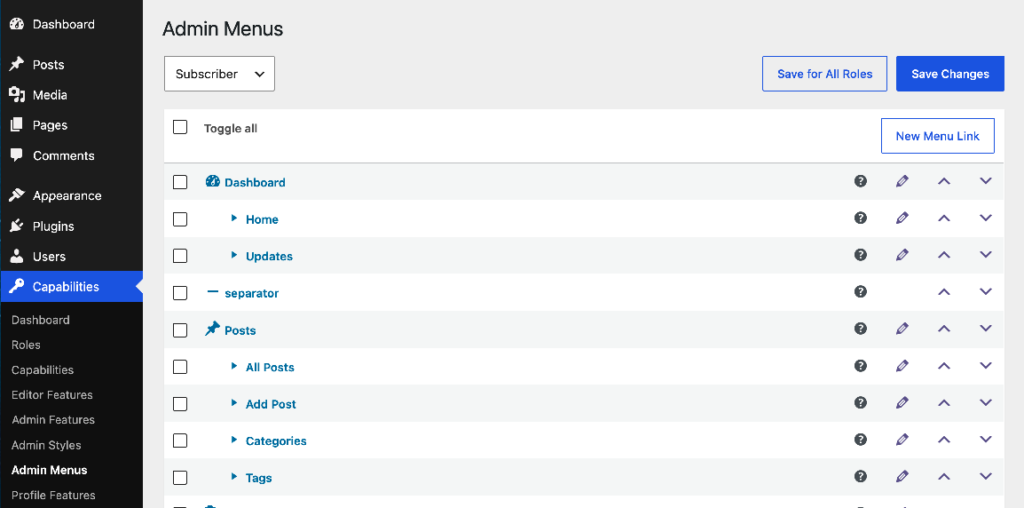 Admin Menus in the Free Version
