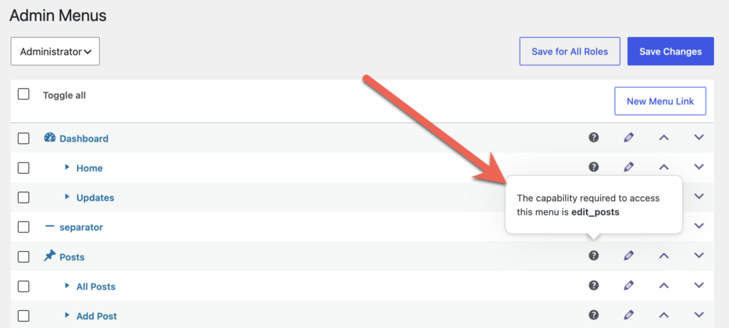 Admin Menus tooltip