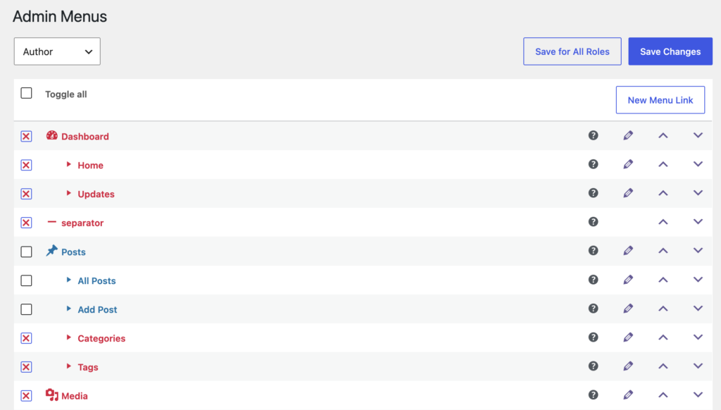 control access to Admin Menu links for Authors